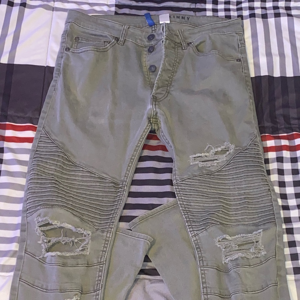 Green Biker Distressed Jeans